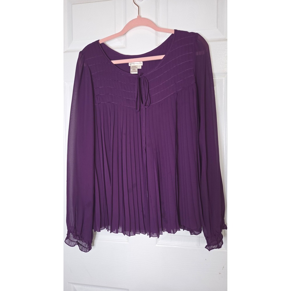 MSSP Max Studio Purple Pleated Chiffon Blouse Long Sleeve Tie Neck Top Large